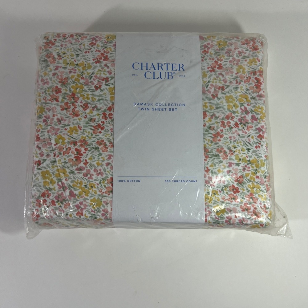Charter Club Damask Collection Ditsy Floral Twin Sheet Set 550 TC Cotton NIP
